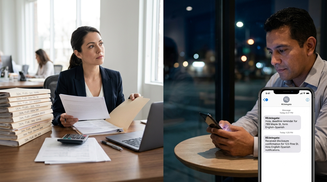 Split-frame photo showing a transaction coordinator at a desk with deal folders during business hours on one side, and a phone screen displaying a midnight deadline reminder via WhatsApp on the other