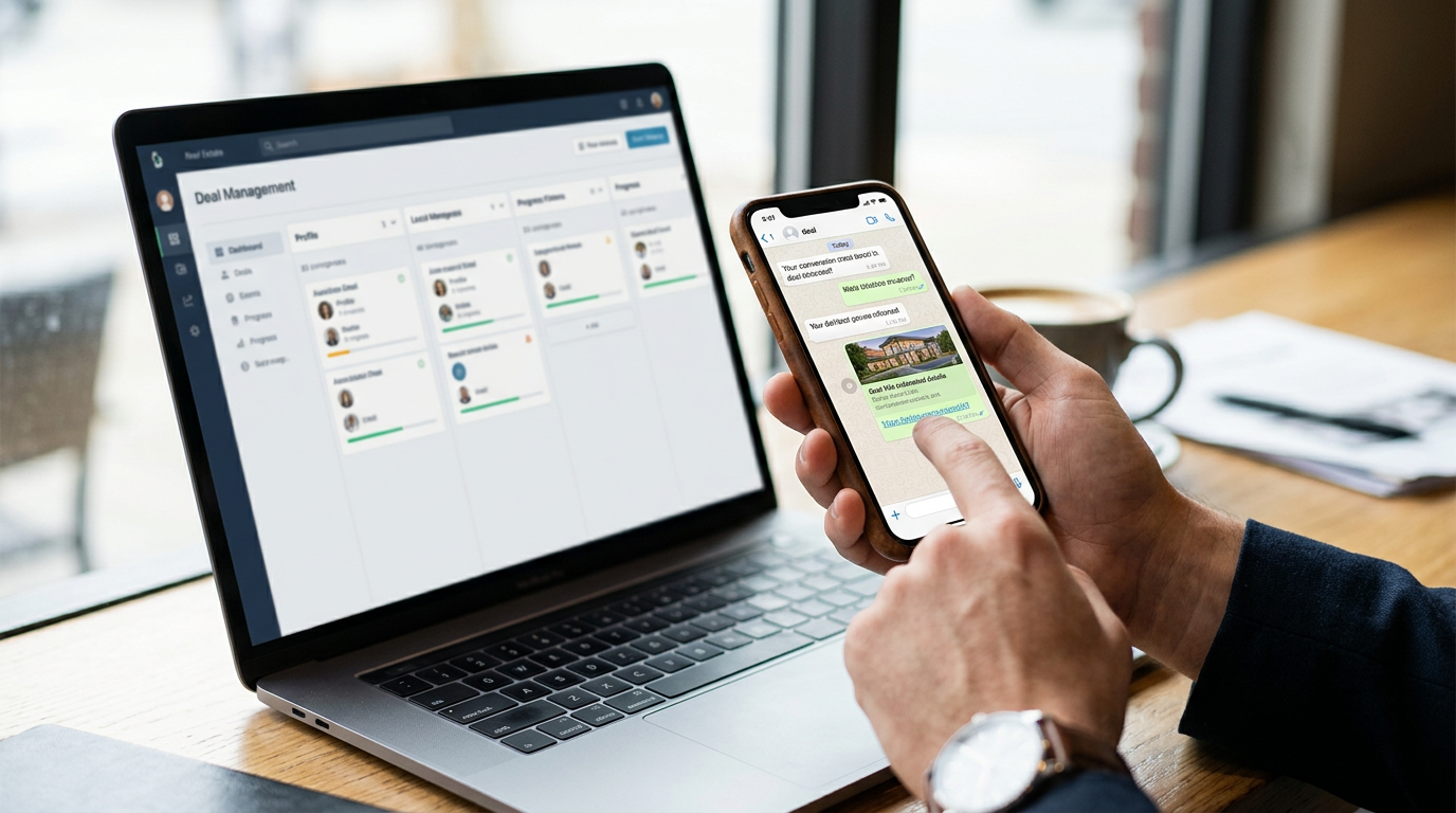 Close-up of a real estate agent's hand holding a phone displaying a WhatsApp conversation, with a laptop showing a deal dashboard blurred in the background, natural lighting in a coffee shop setting