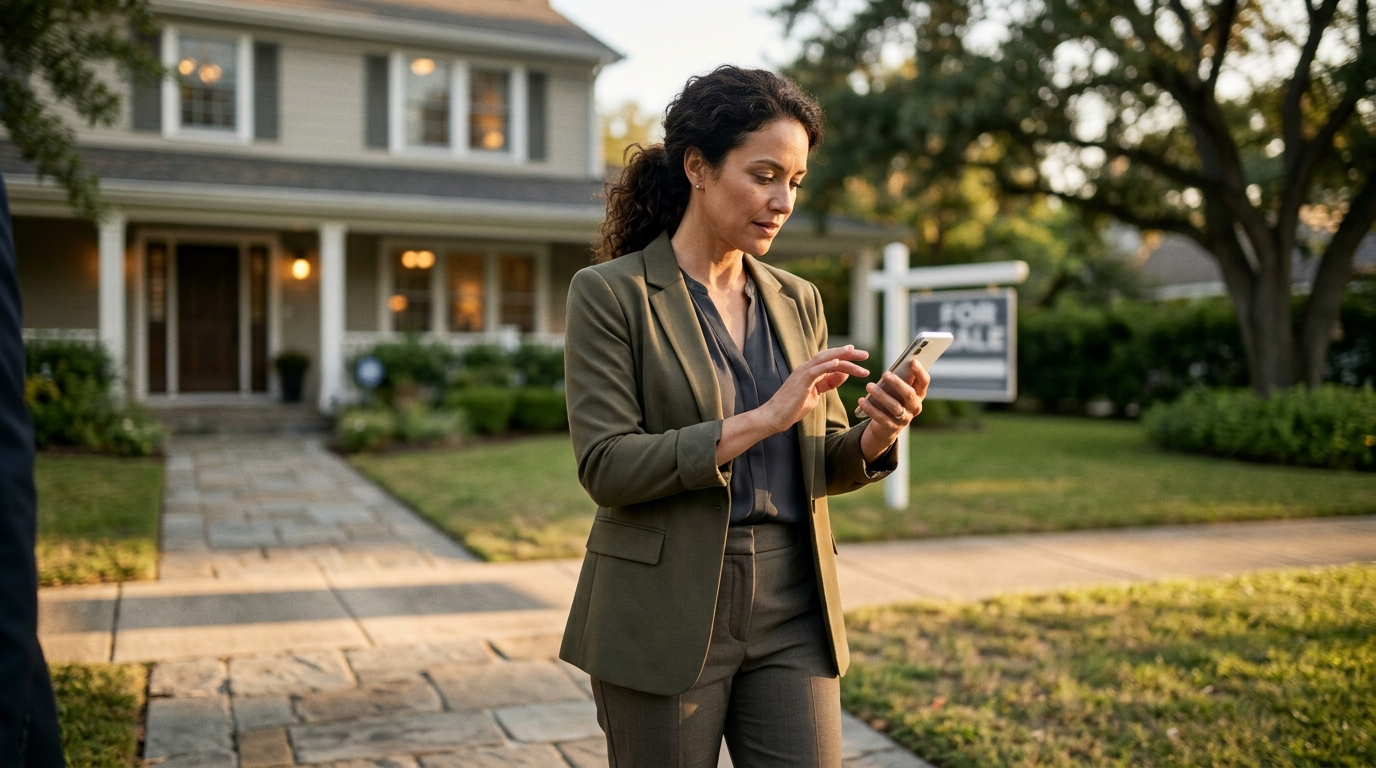 Real estate agent glancing at smartphone on a suburban front walkway in warm golden-hour light, blurred house and for-sale sign in background, attentive but calm expression