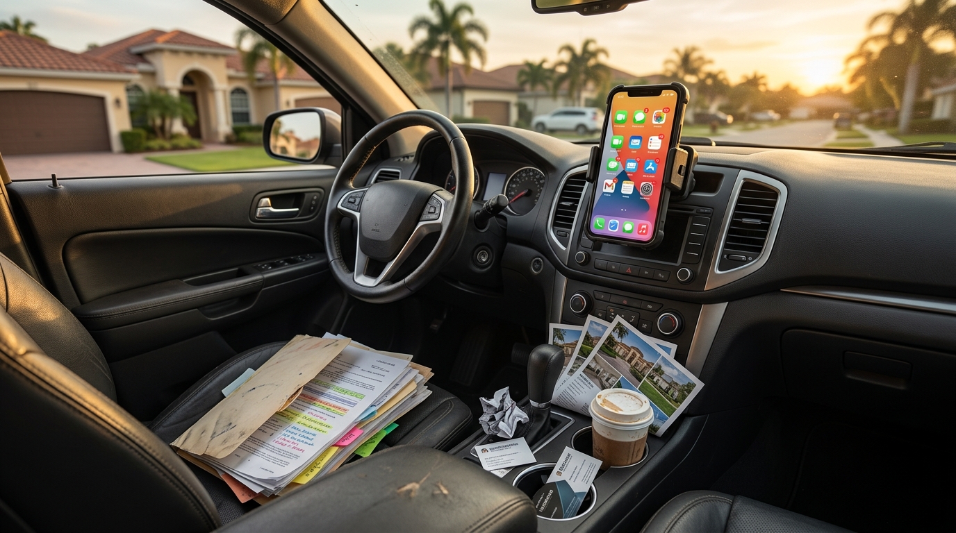 A real estate agent's car dashboard with a phone in a mount showing multiple notification badges, property flyers on the passenger seat, and a suburban street visible through the windshield in late afternoon light.