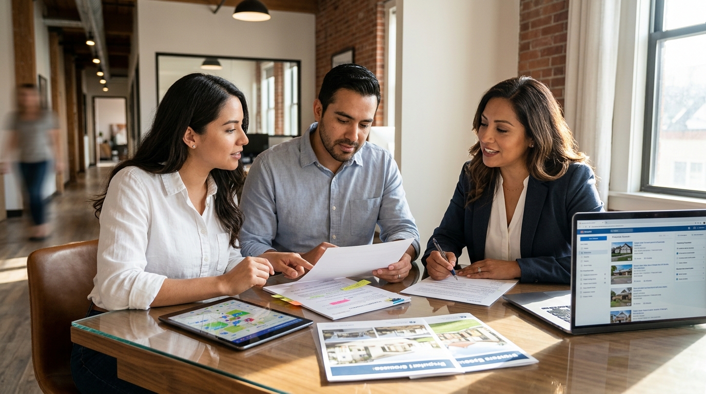 A young Hispanic couple sitting across from a real estate agent at a bright modern office table with printed documents and a laptop showing property listings