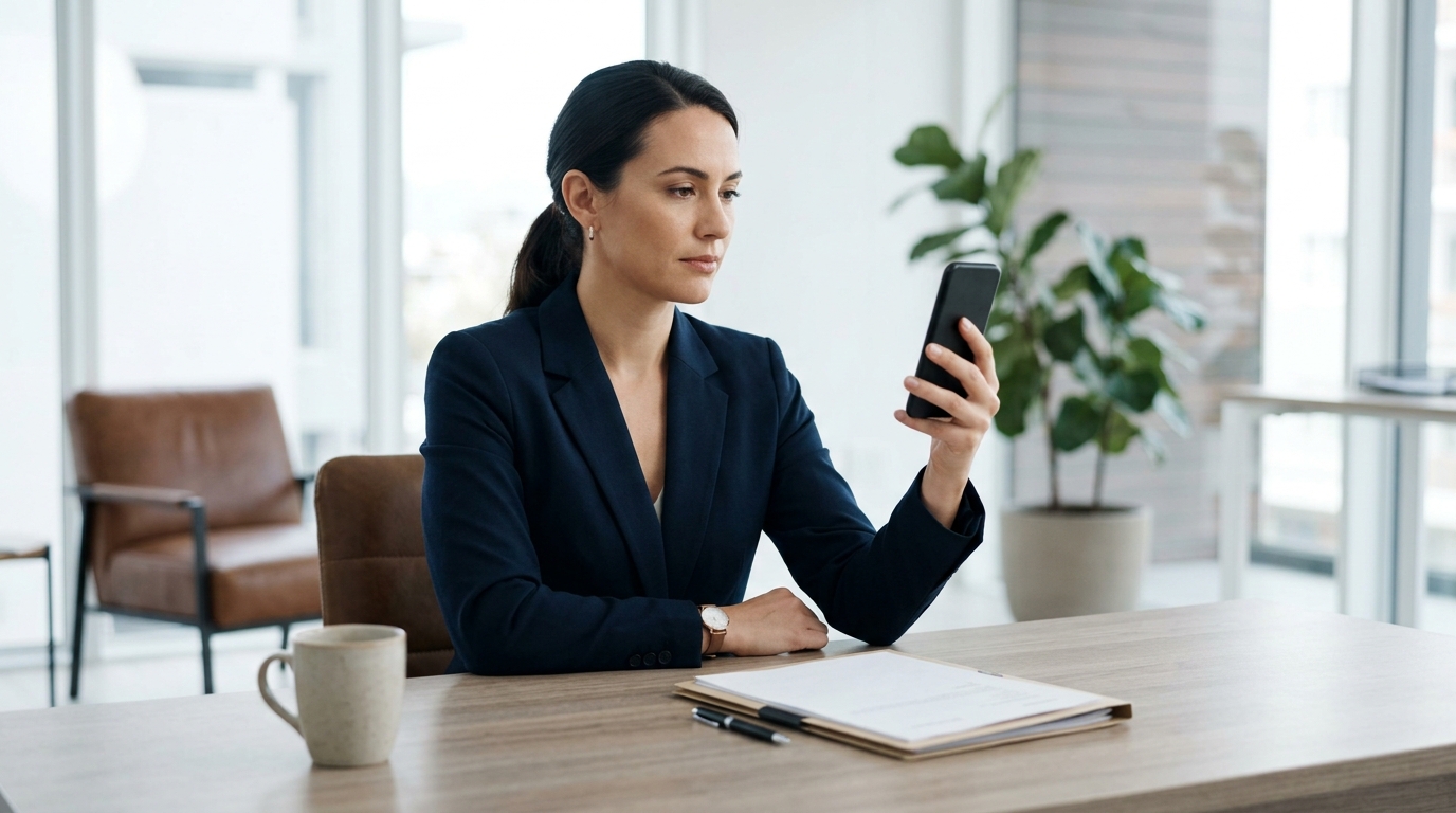 Real estate agent sitting calmly at a clean desk holding a phone, looking focused and unburdened — the visual opposite of admin overwhelm