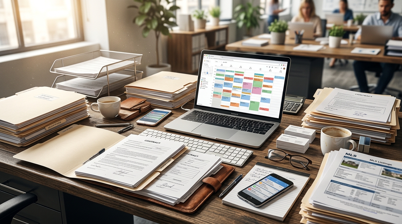 A real estate agent's desk covered with multiple open file folders, a laptop displaying a packed calendar, and a phone with notification badges, lit by warm summer light from a nearby window