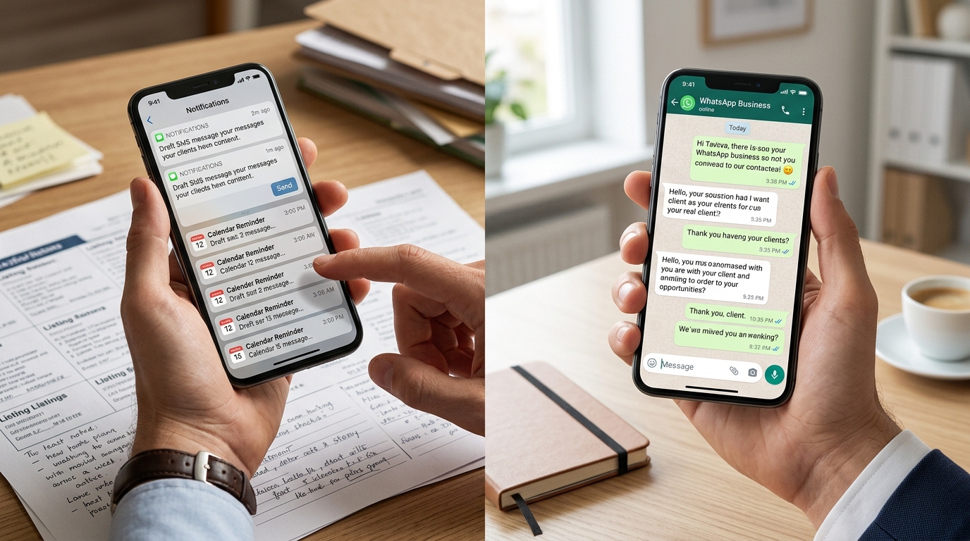 Split view of a real estate agent's phone — left side showing stacked unsent draft messages and reminder notifications, right side showing a clean WhatsApp thread with follow-ups already delivered and confirmed