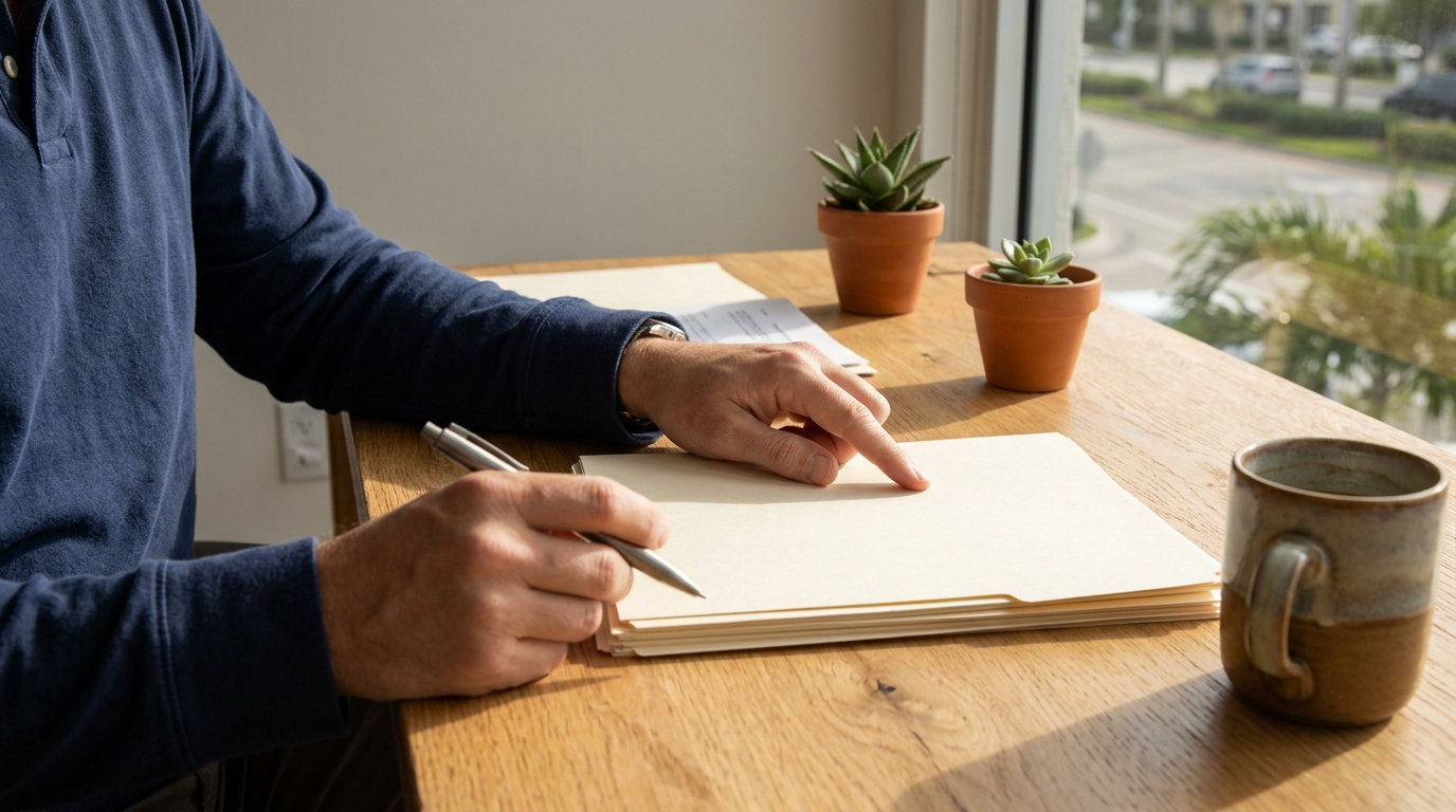 Close-up of a person's hands resting on a wooden desk in a bright office with a coffee cup nearby and afternoon sunlight crossing the surface, conveying focused attention on detail work