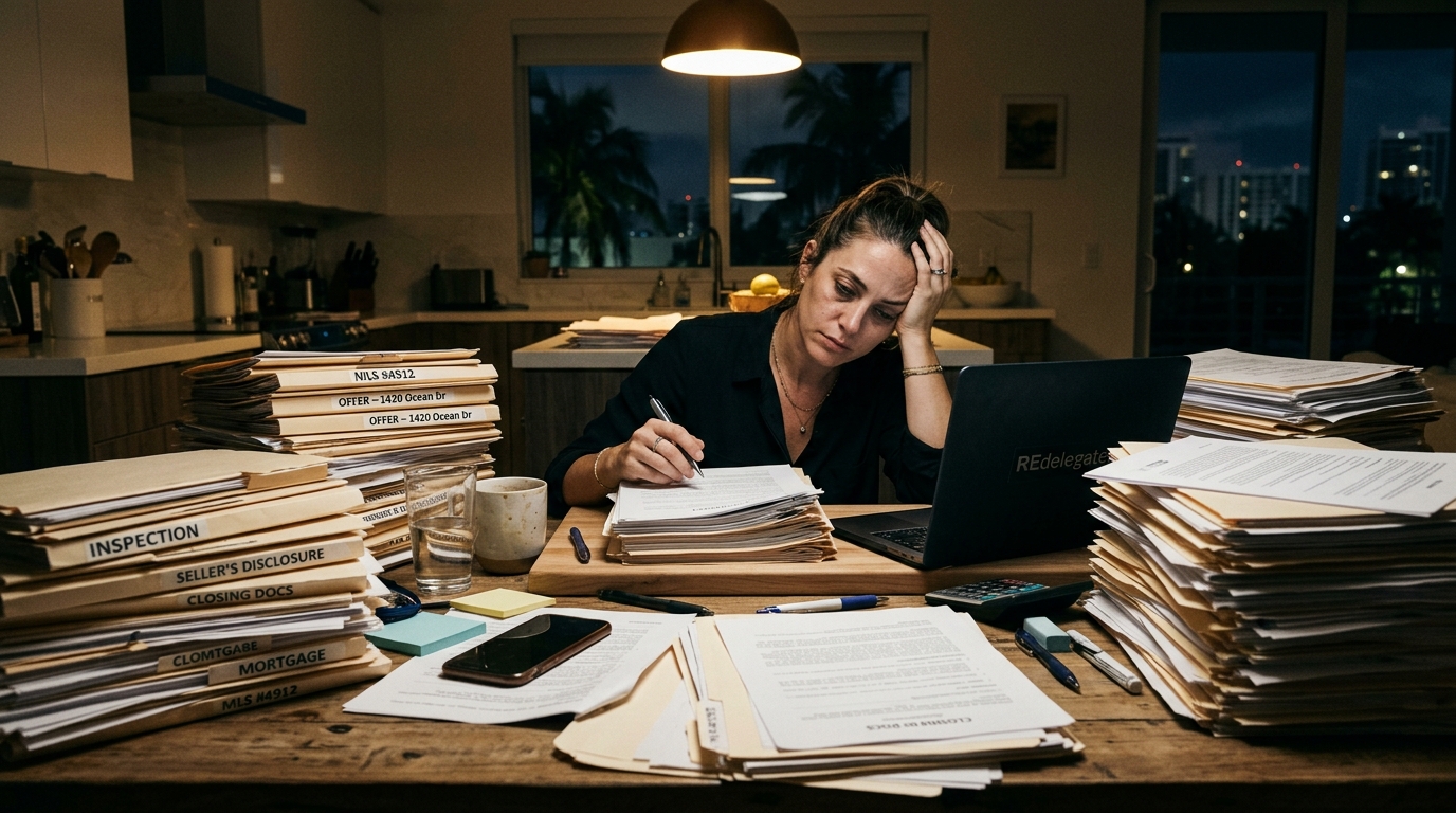 A real estate agent sitting at a cluttered kitchen table late at night, laptop open surrounded by stacks of paper folders, a half-empty coffee cup, and a phone face-down — capturing the exhaustion of managing every deal detail alone.