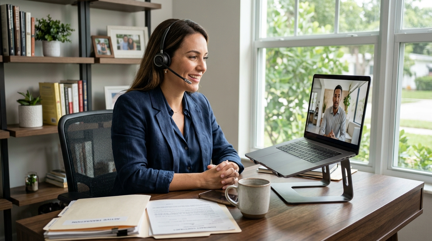 A real estate agent on a video call at a home office desk with transaction folders visible, speaking with a professional on the laptop screen in a collaborative, low-pressure setting