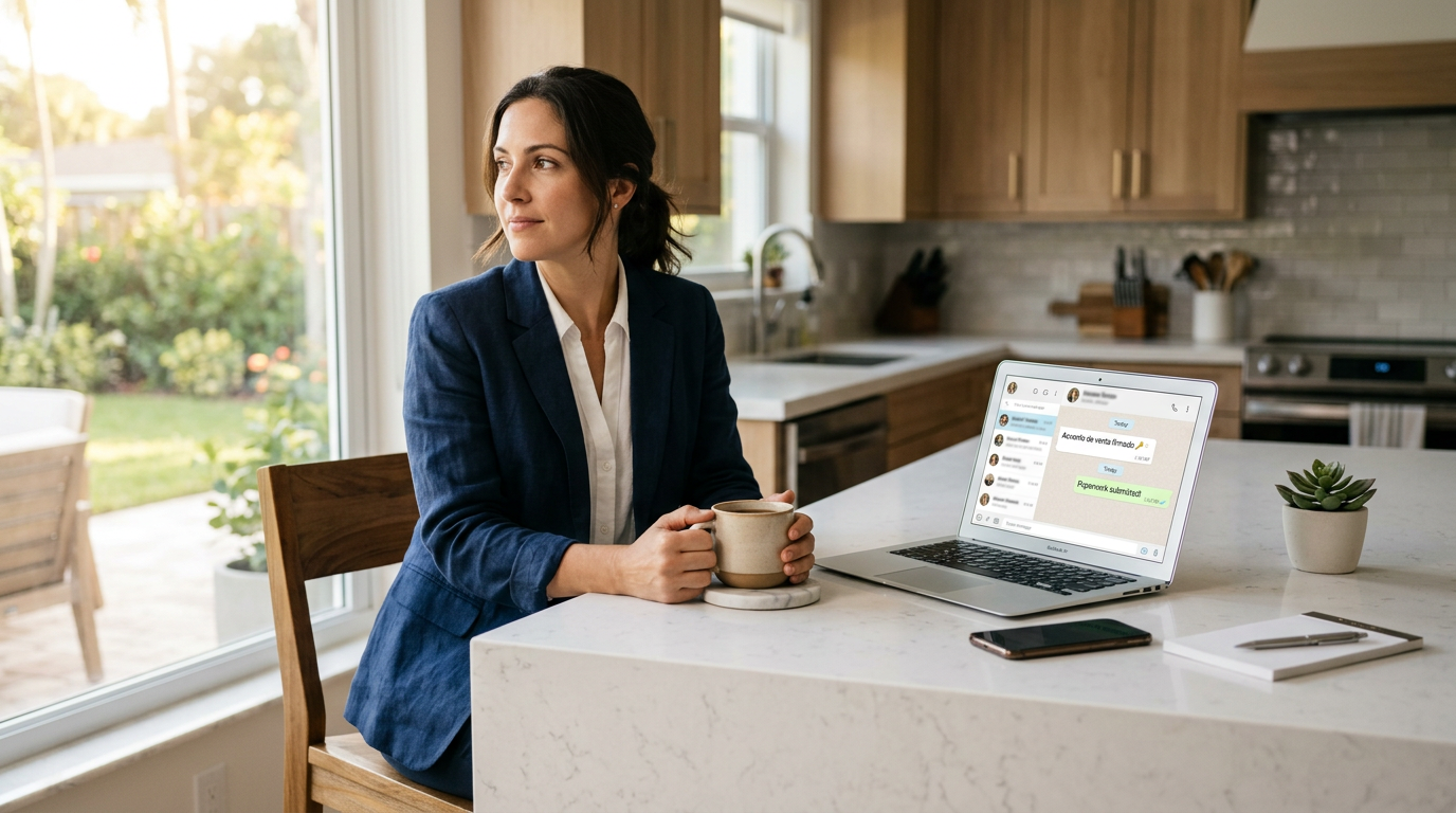 A real estate agent sitting at a clean kitchen counter early in the morning, coffee in hand, looking relaxed with a laptop open showing a simple messaging conversation thread in natural light