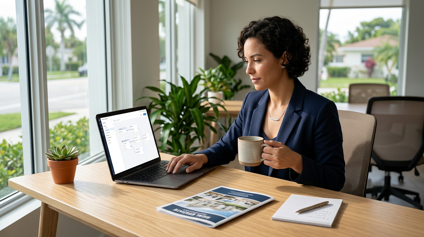 Real estate agent sitting at a clean desk with a laptop open, one hand on the keyboard and the other on a coffee mug, calm and focused in soft morning light