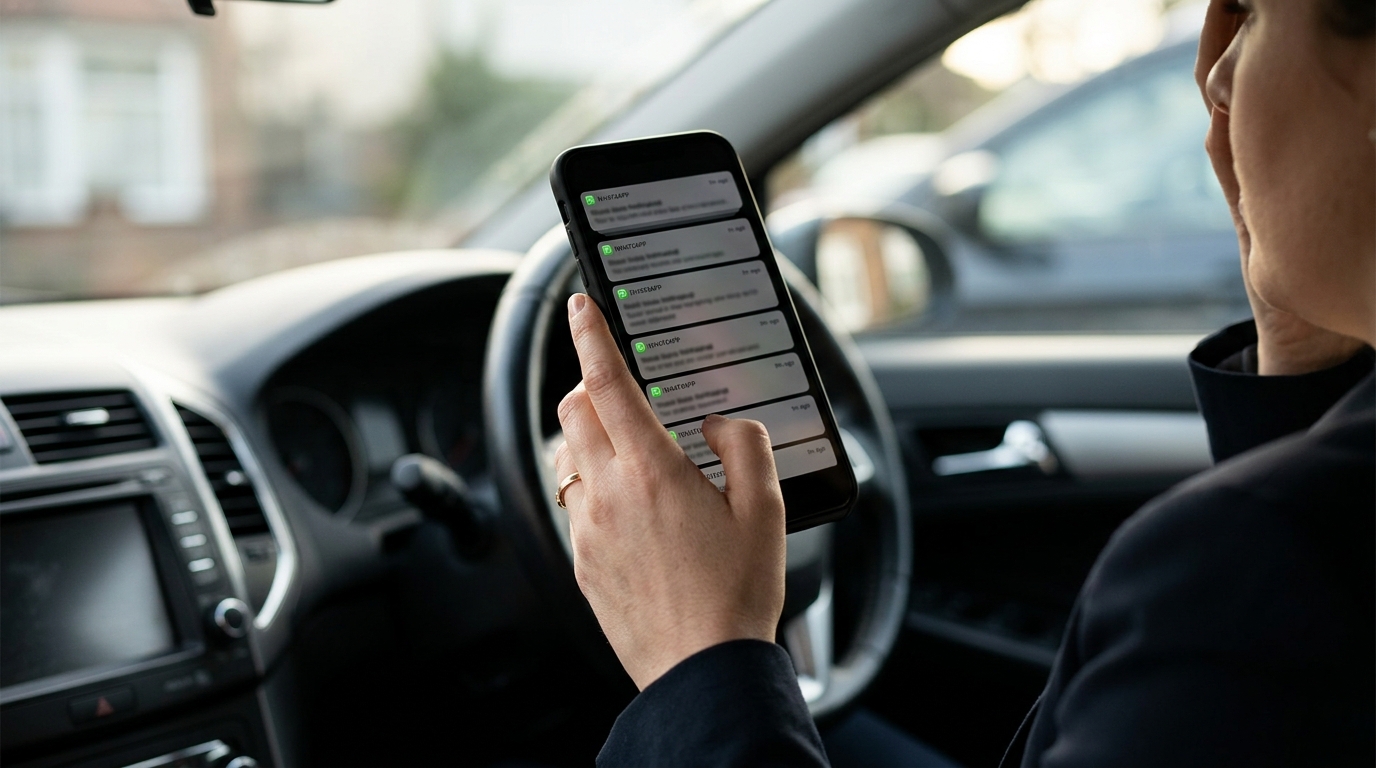 Close-up of a real estate agent's hand holding a phone with dozens of unread WhatsApp notifications, sitting in a parked car between showings with the dashboard visible in natural afternoon light.