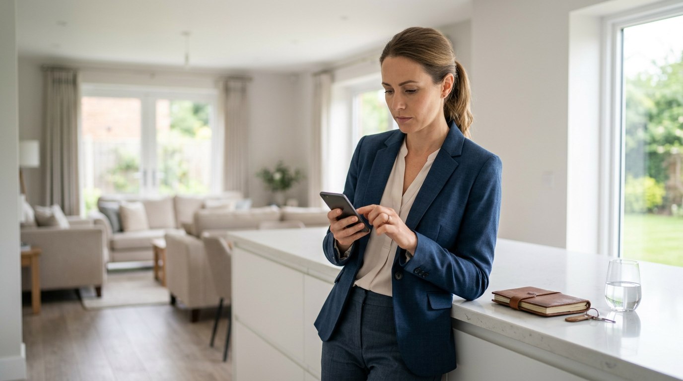 Real estate agent leaning against a kitchen counter during an open house, scrolling through their phone thoughtfully with a staged home in the soft background