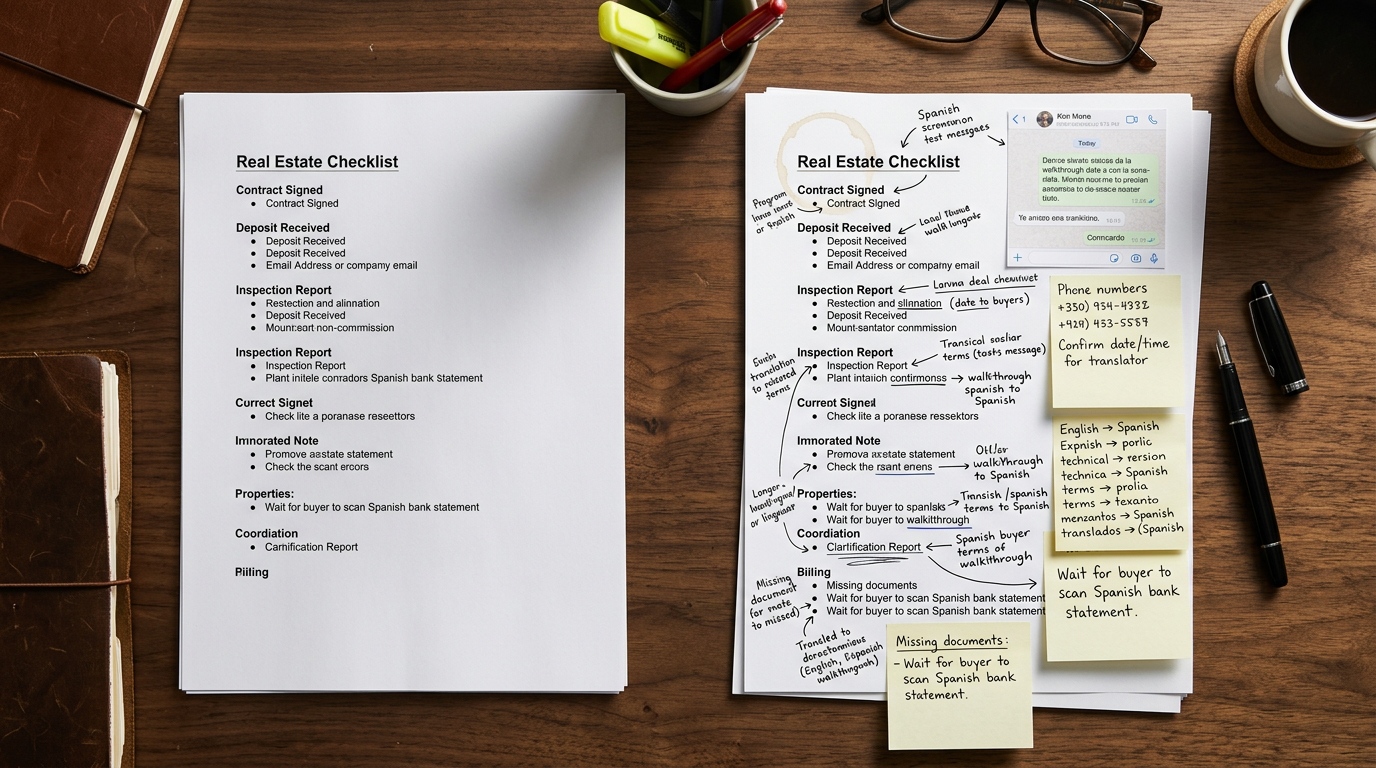 Overhead view of two transaction checklists side by side on a desk — one clean and short, the other covered in handwritten annotations, sticky notes, and printed WhatsApp screenshots showing the invisible bilingual work layer