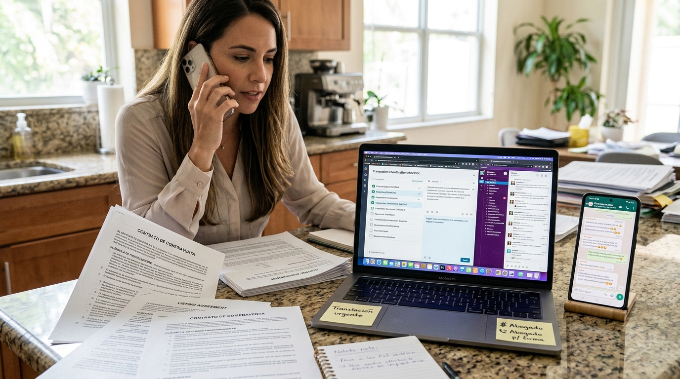 Real estate agent on a phone call at a kitchen table with bilingual documents spread out, a laptop open to a transaction checklist, and a second phone showing a WhatsApp thread in Spanish — conveying the relay burden of bridging two languages mid-deal